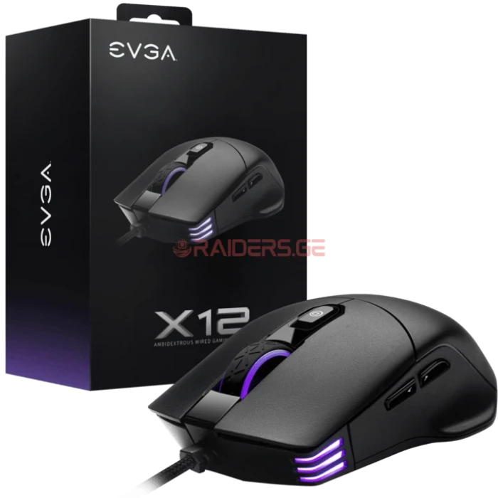 სადენიანი გეიმინგ მაუსი EVGA X12 8k, Wired, Black, Dual Sensor, 16,000 DPI, 8 Buttons, Light Weight, RGB