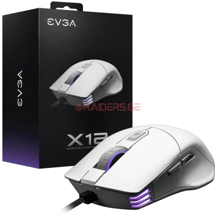 სადენიანი გეიმინგ მაუსი EVGA X12 8k, Wired, White, Dual Sensor, 16,000 DPI, 8 Buttons, Light Weight, RGB
